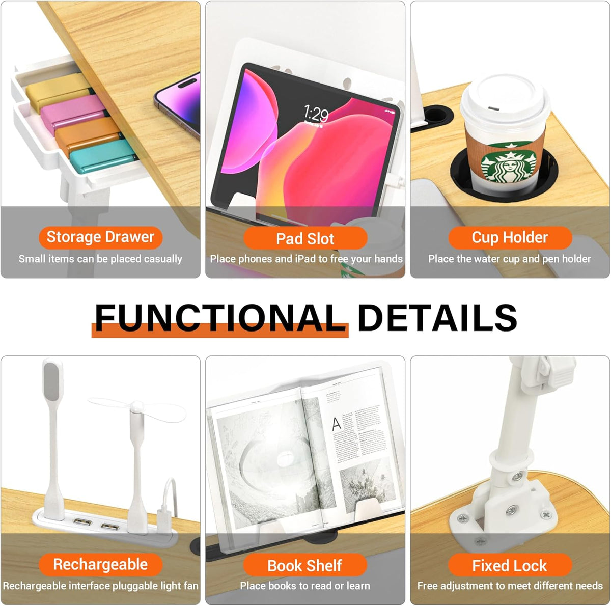 Lap Desk for Bed Adjustable Height with USB Port 23.6" x15.7" Desktop