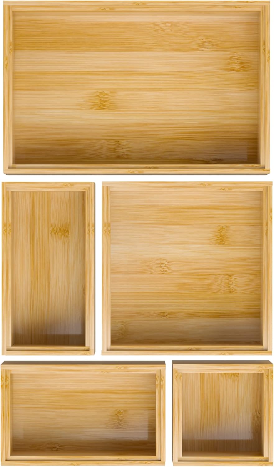 Black Bamboo Bathroom Drawer Organizer, Wooden Kitchen Utensil Holder Set of 5, Stackable Junk Drawer Organizer Tray, Multi-Use Storage Bins Boxs Dividers for Home, Office, Clothing, Makeup, Jewelry