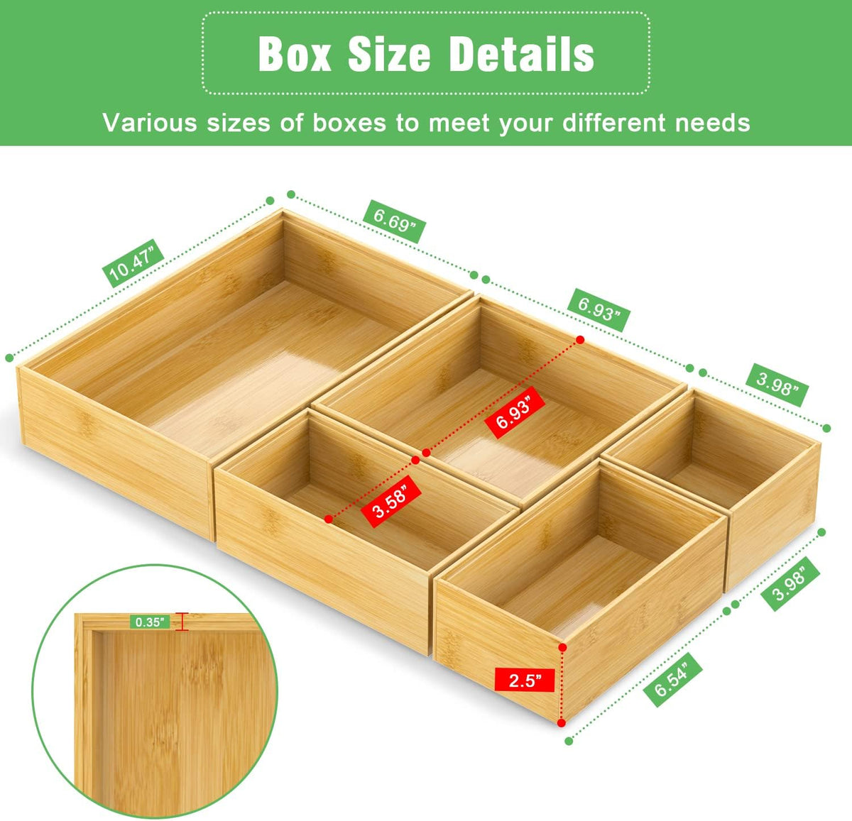 Black Bamboo Bathroom Drawer Organizer, Wooden Kitchen Utensil Holder Set of 5, Stackable Junk Drawer Organizer Tray, Multi-Use Storage Bins Boxs Dividers for Home, Office, Clothing, Makeup, Jewelry