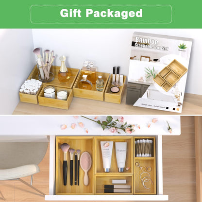 Black Bamboo Bathroom Drawer Organizer, Wooden Kitchen Utensil Holder Set of 5, Stackable Junk Drawer Organizer Tray, Multi-Use Storage Bins Boxs Dividers for Home, Office, Clothing, Makeup, Jewelry