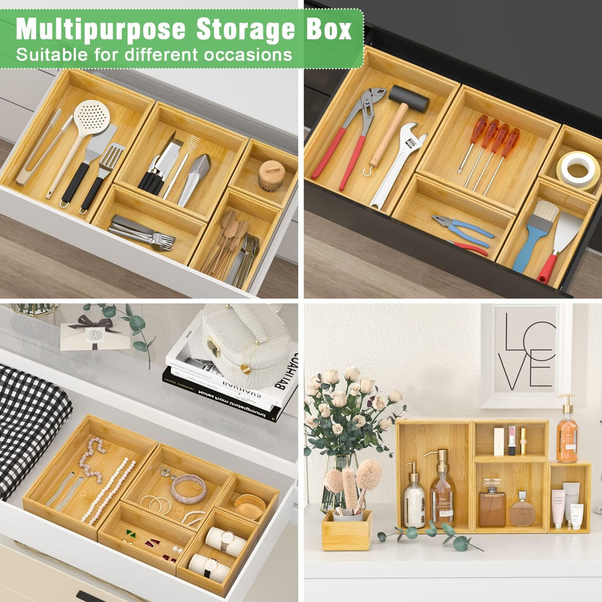 Black Bamboo Bathroom Drawer Organizer, Wooden Kitchen Utensil Holder Set of 5, Stackable Junk Drawer Organizer Tray, Multi-Use Storage Bins Boxs Dividers for Home, Office, Clothing, Makeup, Jewelry