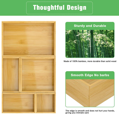 Black Bamboo Bathroom Drawer Organizer, Wooden Kitchen Utensil Holder Set of 5, Stackable Junk Drawer Organizer Tray, Multi-Use Storage Bins Boxs Dividers for Home, Office, Clothing, Makeup, Jewelry