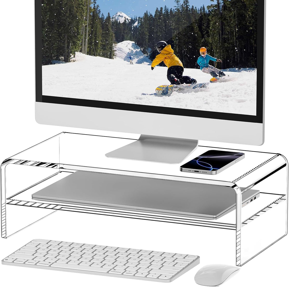 Clear Acrylic Monitor Stand Riser 2 Tier, 5.12 Inches High Clear Computer Desk Organizer Shelf for Multi Media PC Storage Laptop
