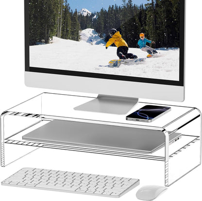 Clear Acrylic Monitor Stand Riser 2 Tier, 5.12 Inches High Clear Computer Desk Organizer Shelf for Multi Media PC Storage Laptop