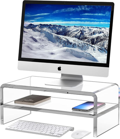 Clear Acrylic Monitor Stand Riser 2 Tier, 5.12 Inches High Clear Computer Desk Organizer Shelf for Multi Media PC Storage Laptop
