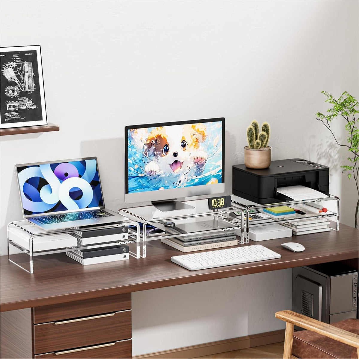 Clear Acrylic Monitor Stand Riser 2 Tier, 5.12 Inches High Clear Computer Desk Organizer Shelf for Multi Media PC Storage Laptop