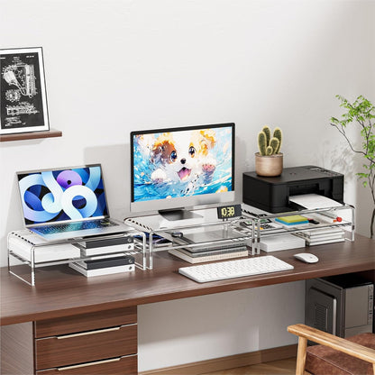 Clear Acrylic Monitor Stand Riser 2 Tier, 5.12 Inches High Clear Computer Desk Organizer Shelf for Multi Media PC Storage Laptop