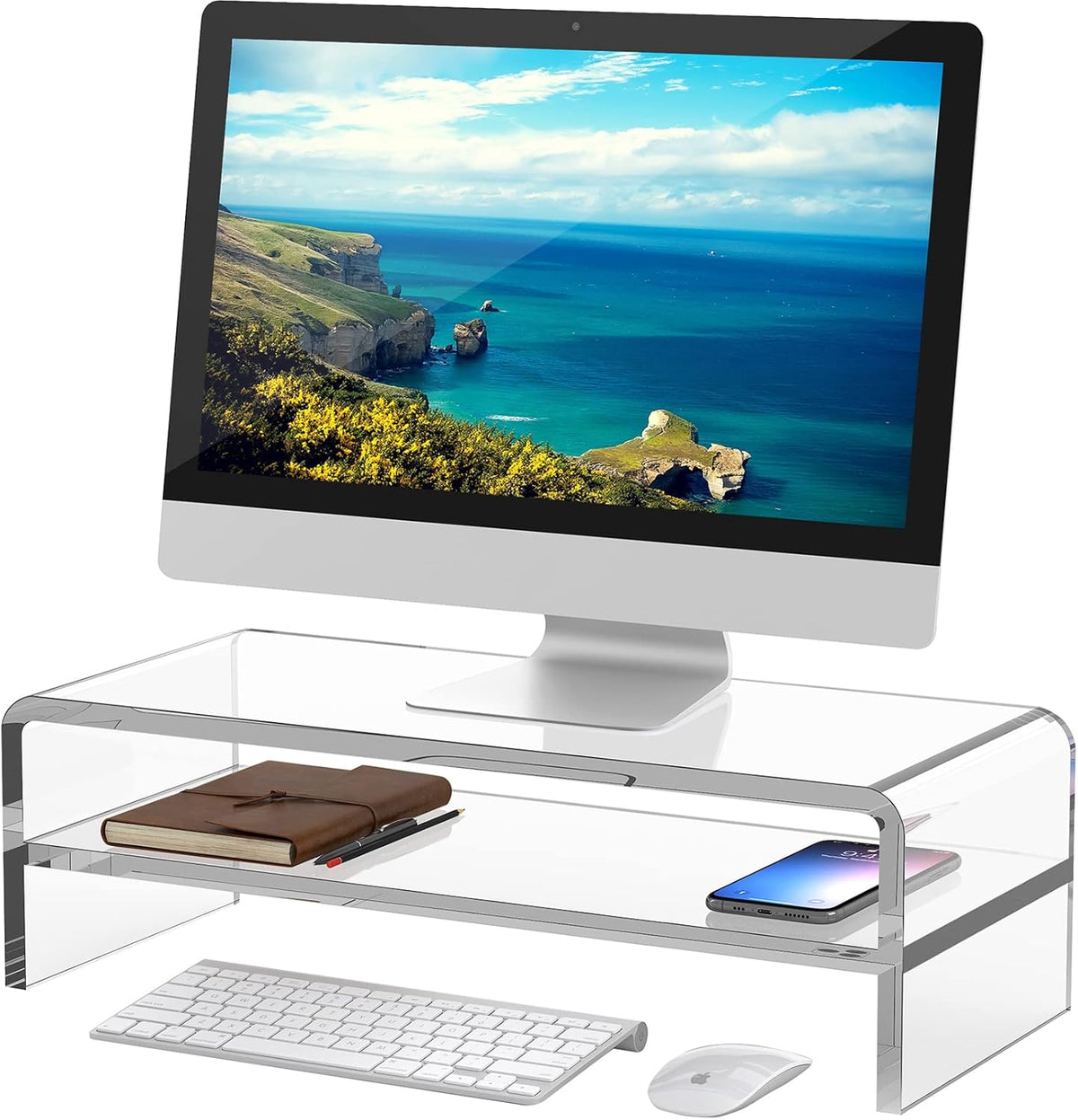 Clear Acrylic Monitor Stand Riser 2 Tier, 5.12 Inches High Clear Computer Desk Organizer Shelf for Multi Media PC Storage Laptop