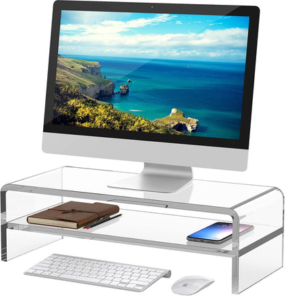 Clear Acrylic Monitor Stand Riser 2 Tier, 5.12 Inches High Clear Computer Desk Organizer Shelf for Multi Media PC Storage Laptop