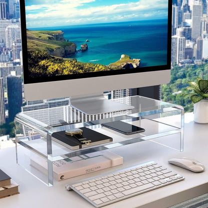 Clear Acrylic Monitor Stand Riser 2 Tier, 5.12 Inches High Clear Computer Desk Organizer Shelf for Multi Media PC Storage Laptop