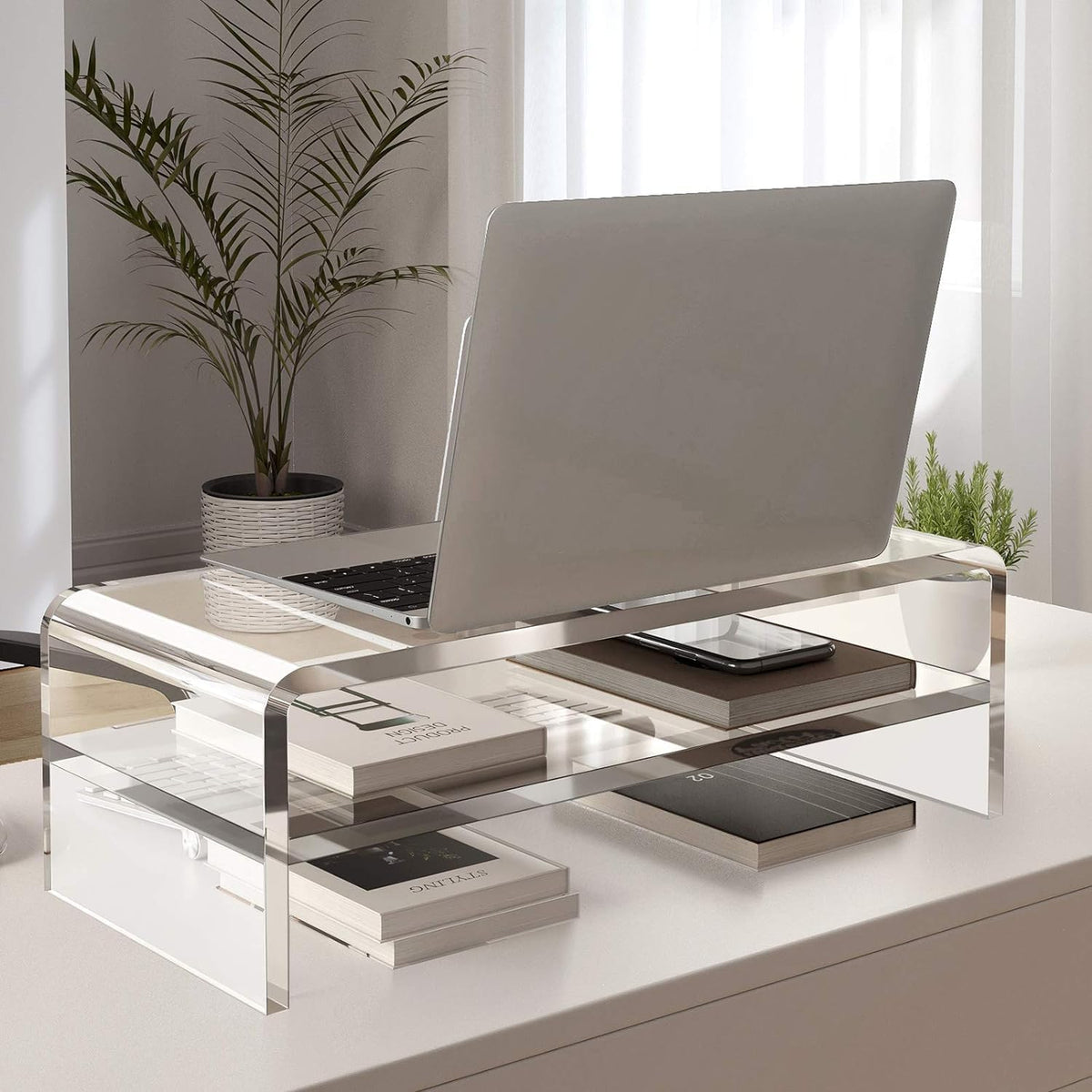 Clear Acrylic Monitor Stand Riser 2 Tier, 5.12 Inches High Clear Computer Desk Organizer Shelf for Multi Media PC Storage Laptop