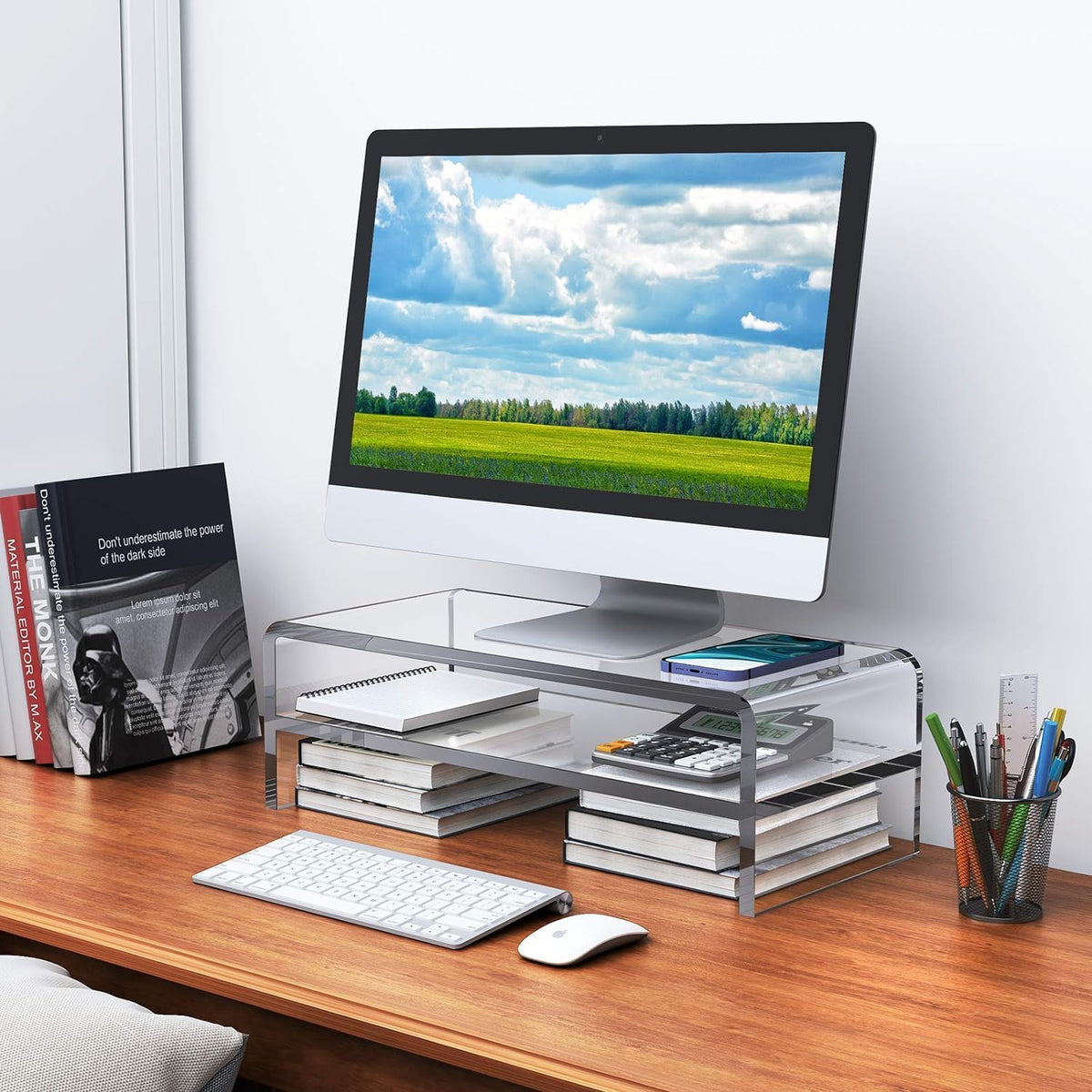 Clear Acrylic Monitor Stand Riser 2 Tier, 5.12 Inches High Clear Computer Desk Organizer Shelf for Multi Media PC Storage Laptop