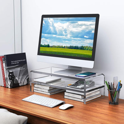 Clear Acrylic Monitor Stand Riser 2 Tier, 5.12 Inches High Clear Computer Desk Organizer Shelf for Multi Media PC Storage Laptop