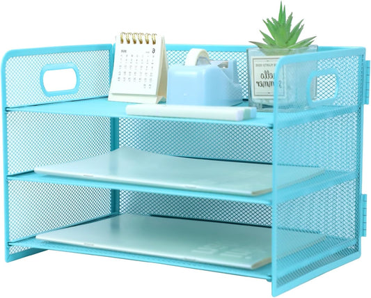 3 Tier Lettrer Tray Organizer with Handle, Metal Mesh Desk File Organizer with Sliding Trays, Paper Sorter Desk for Home Office School, Blue