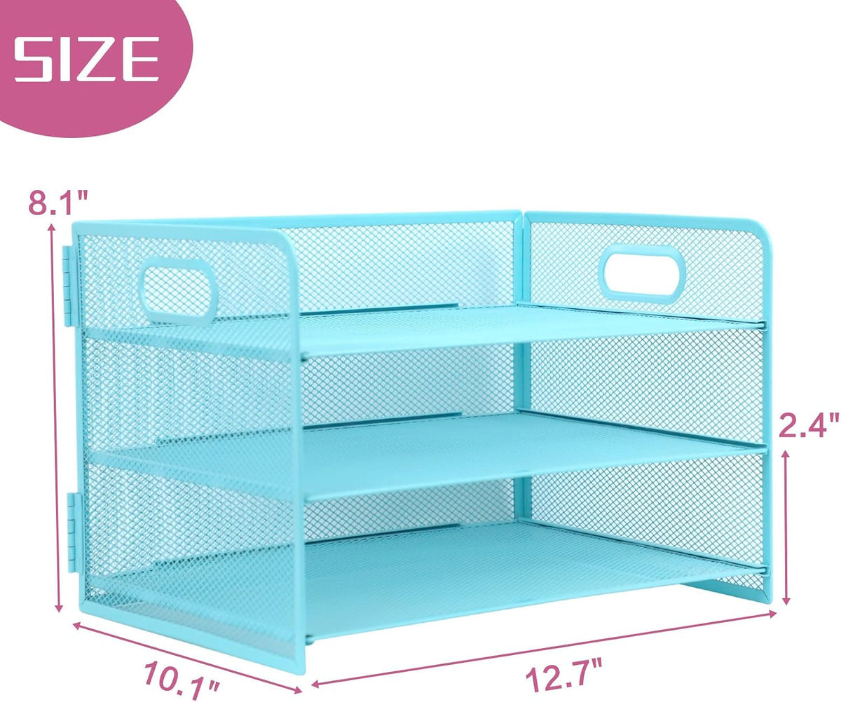 3 Tier Lettrer Tray Organizer with Handle, Metal Mesh Desk File Organizer with Sliding Trays, Paper Sorter Desk for Home Office School, Blue