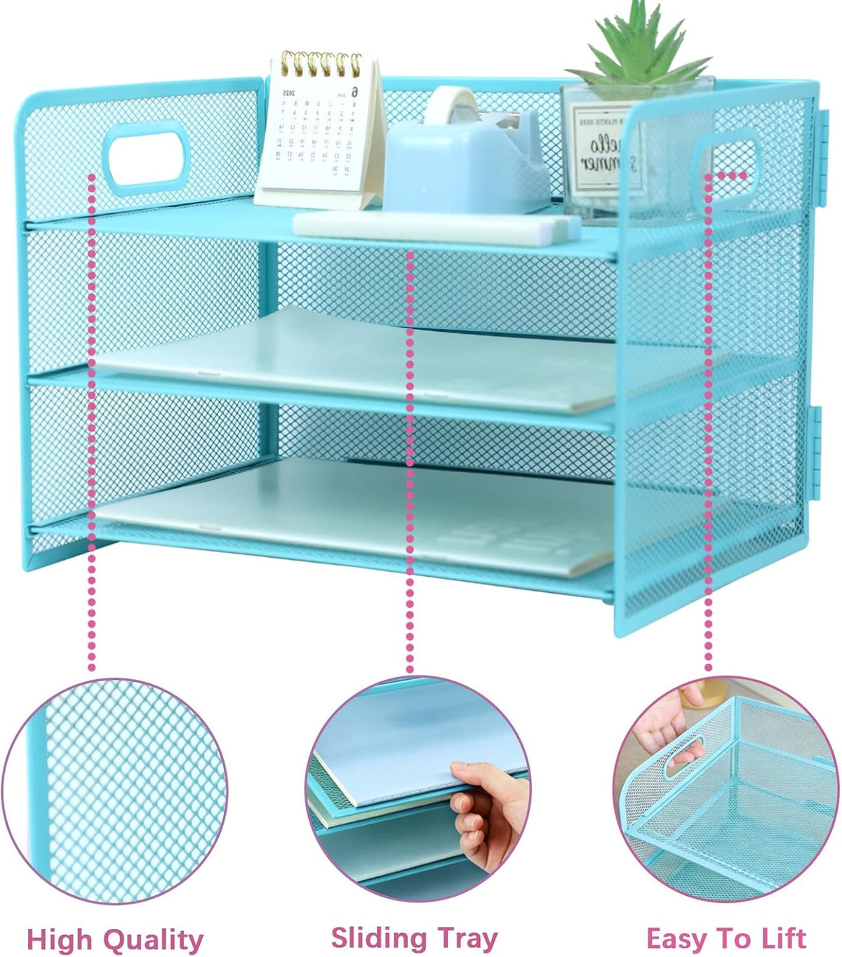 3 Tier Lettrer Tray Organizer with Handle, Metal Mesh Desk File Organizer with Sliding Trays, Paper Sorter Desk for Home Office School, Blue
