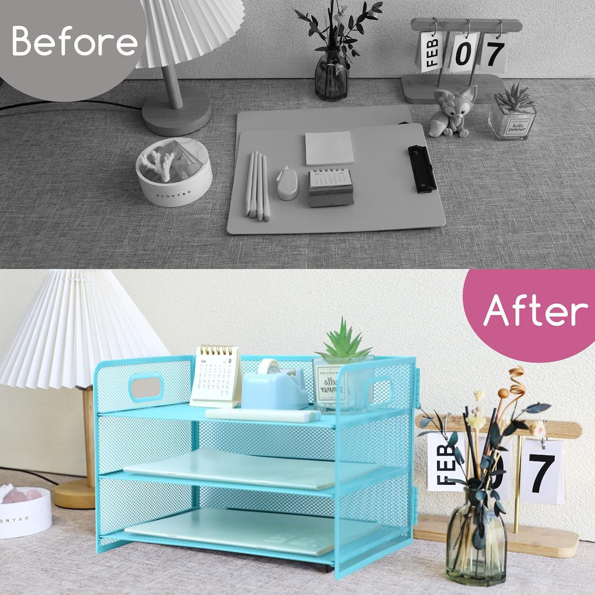 3 Tier Lettrer Tray Organizer with Handle, Metal Mesh Desk File Organizer with Sliding Trays, Paper Sorter Desk for Home Office School, Blue