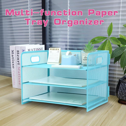 3 Tier Lettrer Tray Organizer with Handle, Metal Mesh Desk File Organizer with Sliding Trays, Paper Sorter Desk for Home Office School, Blue