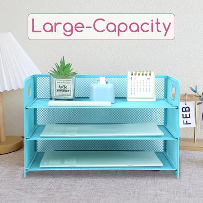 3 Tier Lettrer Tray Organizer with Handle, Metal Mesh Desk File Organizer with Sliding Trays, Paper Sorter Desk for Home Office School, Blue