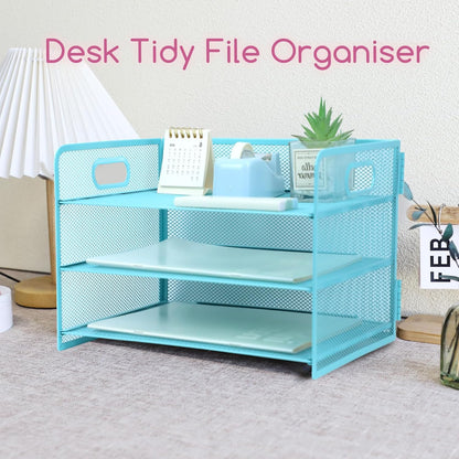 3 Tier Lettrer Tray Organizer with Handle, Metal Mesh Desk File Organizer with Sliding Trays, Paper Sorter Desk for Home Office School, Blue