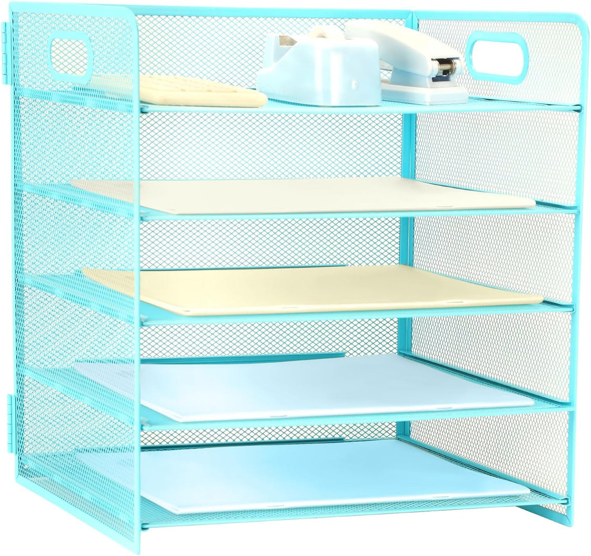 3 Tier Lettrer Tray Organizer with Handle, Metal Mesh Desk File Organizer with Sliding Trays, Paper Sorter Desk for Home Office School, Blue
