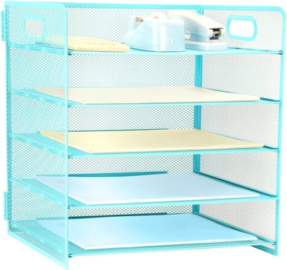 3 Tier Lettrer Tray Organizer with Handle, Metal Mesh Desk File Organizer with Sliding Trays, Paper Sorter Desk for Home Office School, Blue