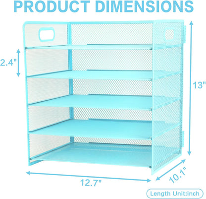 3 Tier Lettrer Tray Organizer with Handle, Metal Mesh Desk File Organizer with Sliding Trays, Paper Sorter Desk for Home Office School, Blue