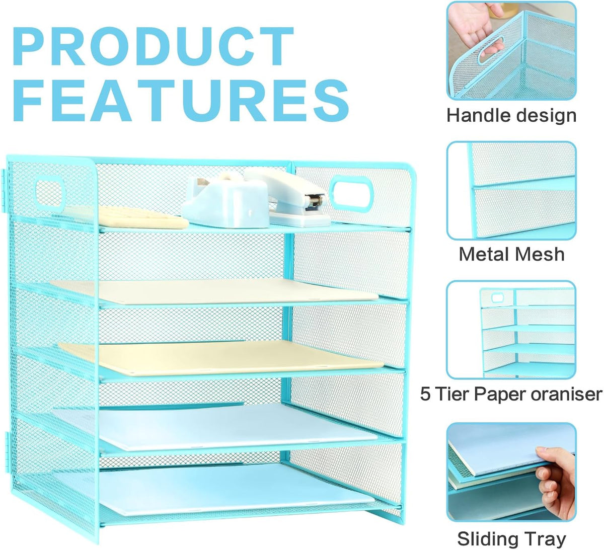 3 Tier Lettrer Tray Organizer with Handle, Metal Mesh Desk File Organizer with Sliding Trays, Paper Sorter Desk for Home Office School, Blue
