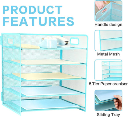 3 Tier Lettrer Tray Organizer with Handle, Metal Mesh Desk File Organizer with Sliding Trays, Paper Sorter Desk for Home Office School, Blue