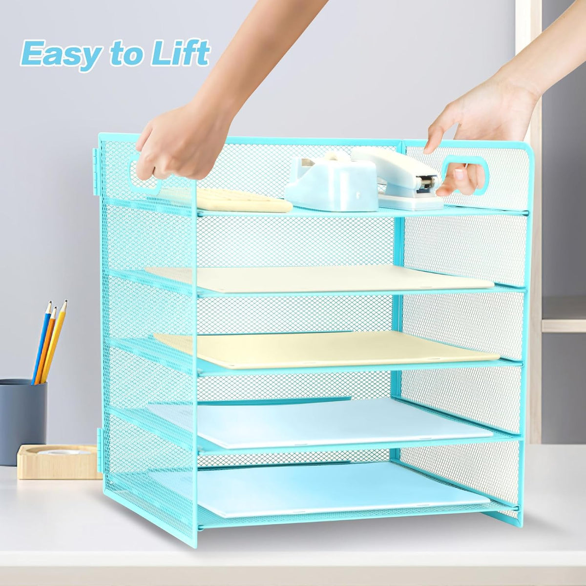 3 Tier Lettrer Tray Organizer with Handle, Metal Mesh Desk File Organizer with Sliding Trays, Paper Sorter Desk for Home Office School, Blue