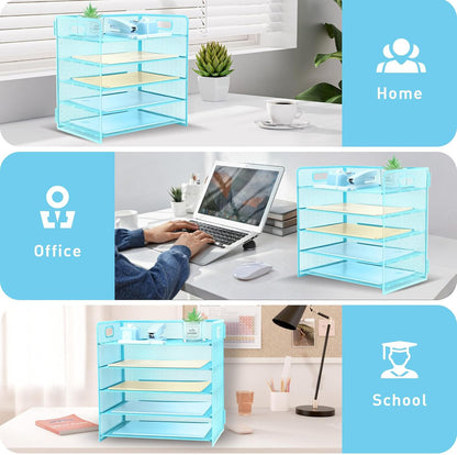 3 Tier Lettrer Tray Organizer with Handle, Metal Mesh Desk File Organizer with Sliding Trays, Paper Sorter Desk for Home Office School, Blue