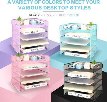 3 Tier Lettrer Tray Organizer with Handle, Metal Mesh Desk File Organizer with Sliding Trays, Paper Sorter Desk for Home Office School, Blue