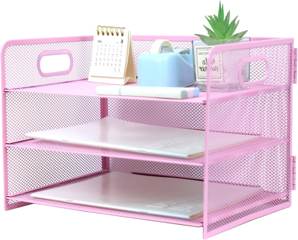 3 Tier Lettrer Tray Organizer with Handle, Metal Mesh Desk File Organizer with Sliding Trays, Paper Sorter Desk for Home Office School, Blue