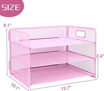 3 Tier Lettrer Tray Organizer with Handle, Metal Mesh Desk File Organizer with Sliding Trays, Paper Sorter Desk for Home Office School, Blue