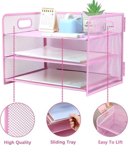 3 Tier Lettrer Tray Organizer with Handle, Metal Mesh Desk File Organizer with Sliding Trays, Paper Sorter Desk for Home Office School, Blue