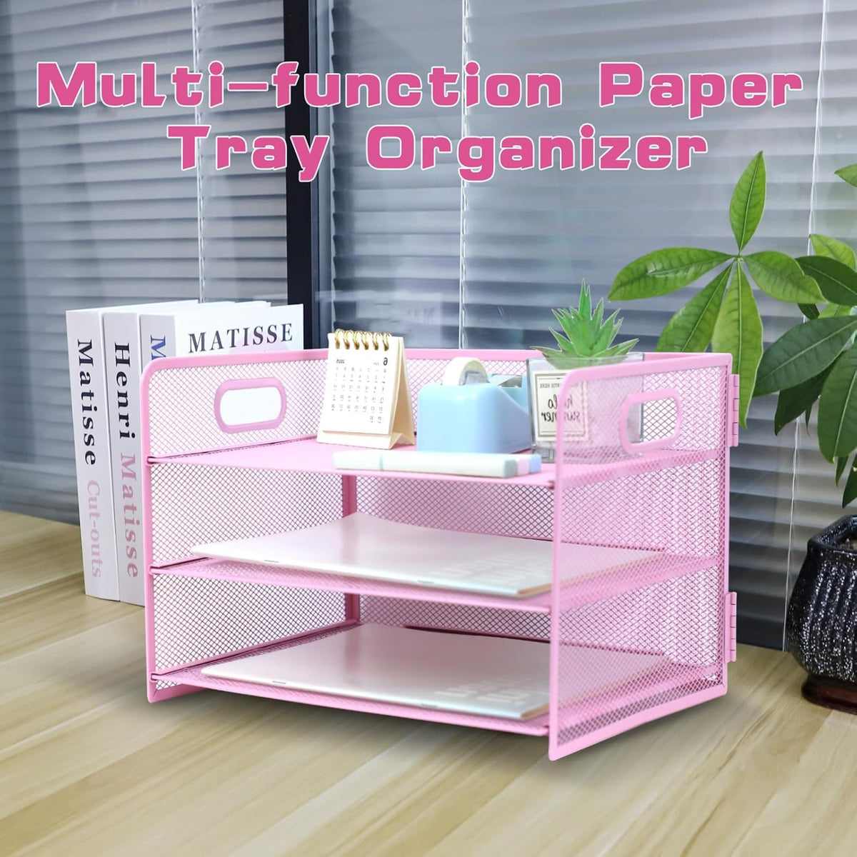 3 Tier Lettrer Tray Organizer with Handle, Metal Mesh Desk File Organizer with Sliding Trays, Paper Sorter Desk for Home Office School, Blue