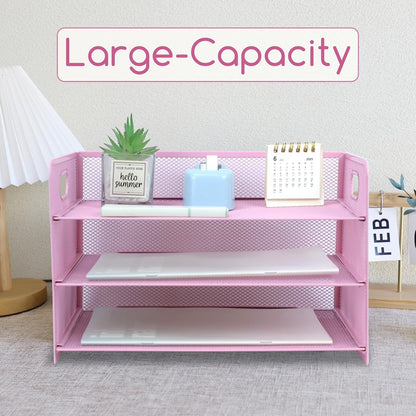 3 Tier Lettrer Tray Organizer with Handle, Metal Mesh Desk File Organizer with Sliding Trays, Paper Sorter Desk for Home Office School, Blue