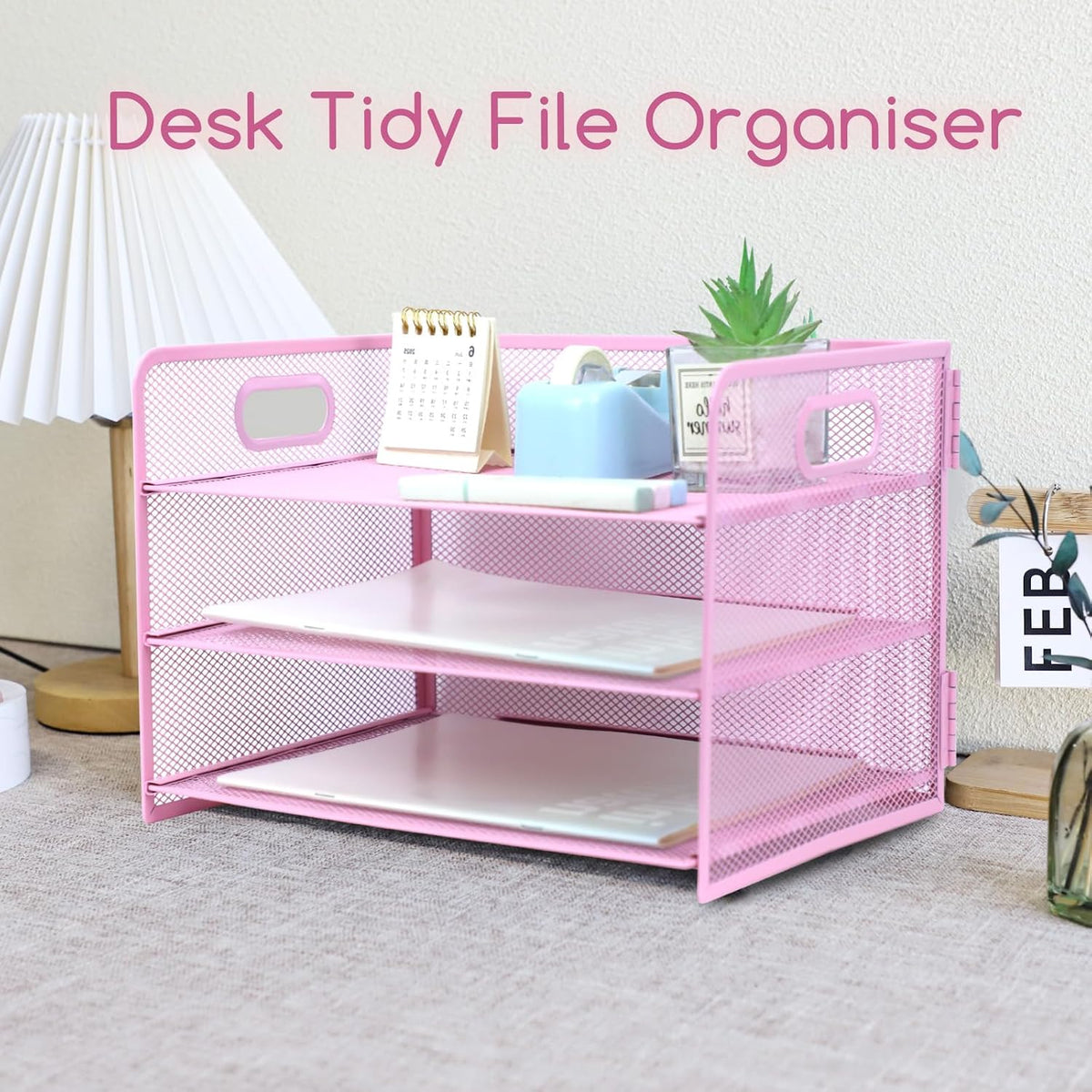 3 Tier Lettrer Tray Organizer with Handle, Metal Mesh Desk File Organizer with Sliding Trays, Paper Sorter Desk for Home Office School, Blue