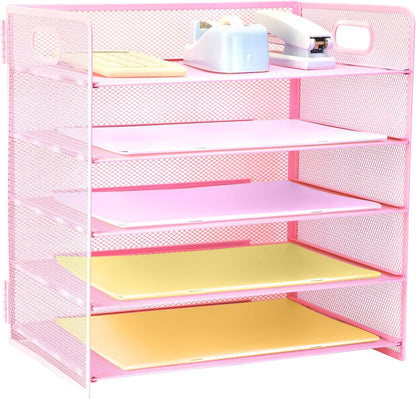 3 Tier Lettrer Tray Organizer with Handle, Metal Mesh Desk File Organizer with Sliding Trays, Paper Sorter Desk for Home Office School, Blue