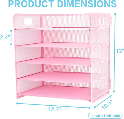 3 Tier Lettrer Tray Organizer with Handle, Metal Mesh Desk File Organizer with Sliding Trays, Paper Sorter Desk for Home Office School, Blue