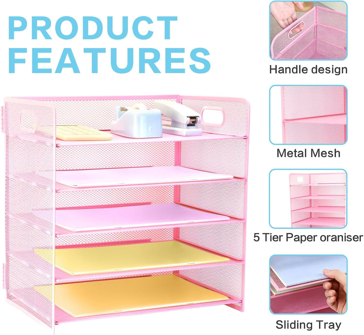 3 Tier Lettrer Tray Organizer with Handle, Metal Mesh Desk File Organizer with Sliding Trays, Paper Sorter Desk for Home Office School, Blue