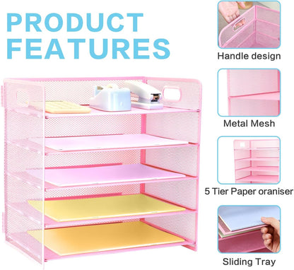 3 Tier Lettrer Tray Organizer with Handle, Metal Mesh Desk File Organizer with Sliding Trays, Paper Sorter Desk for Home Office School, Blue