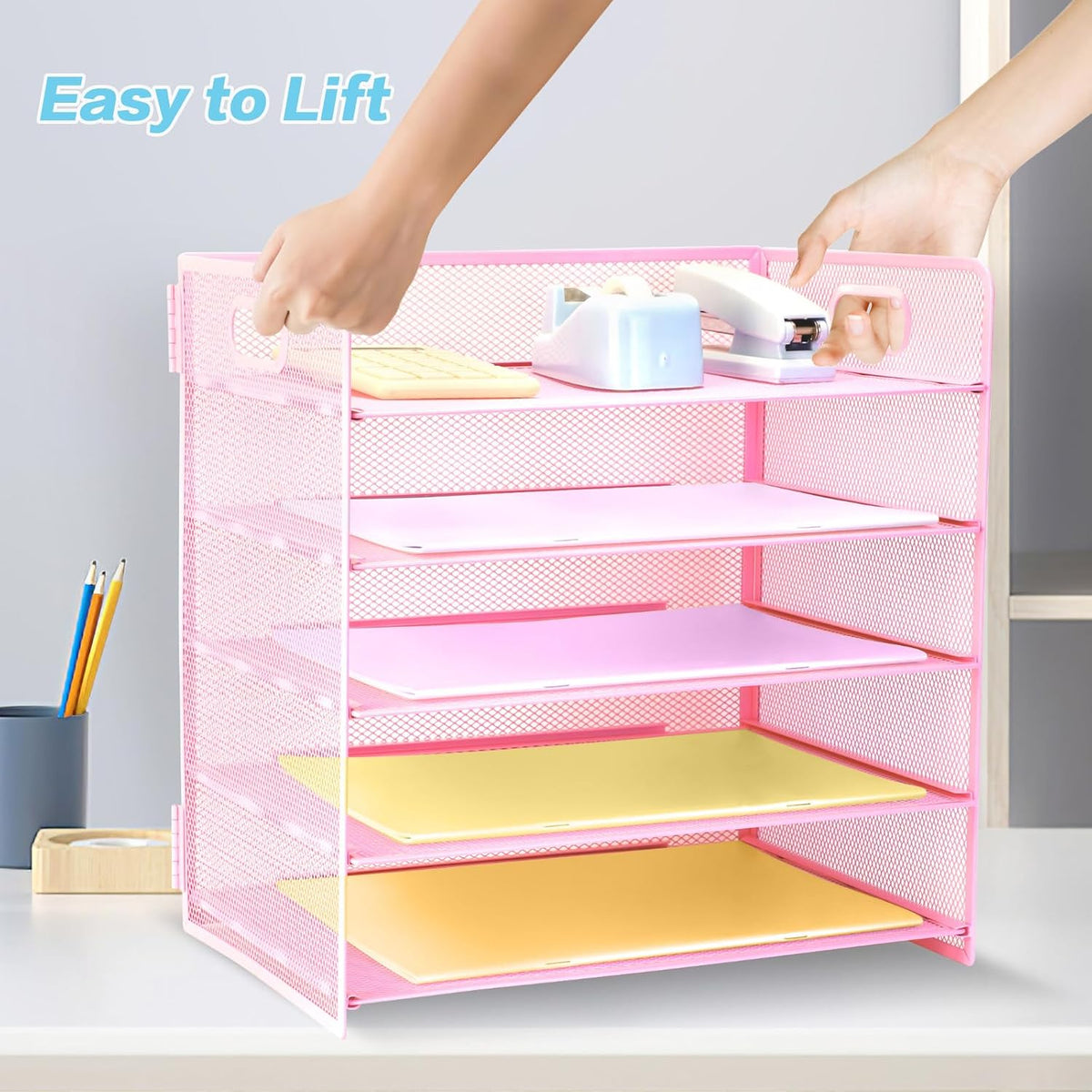 3 Tier Lettrer Tray Organizer with Handle, Metal Mesh Desk File Organizer with Sliding Trays, Paper Sorter Desk for Home Office School, Blue
