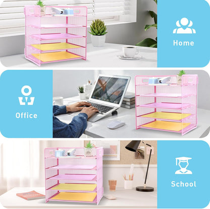 3 Tier Lettrer Tray Organizer with Handle, Metal Mesh Desk File Organizer with Sliding Trays, Paper Sorter Desk for Home Office School, Blue