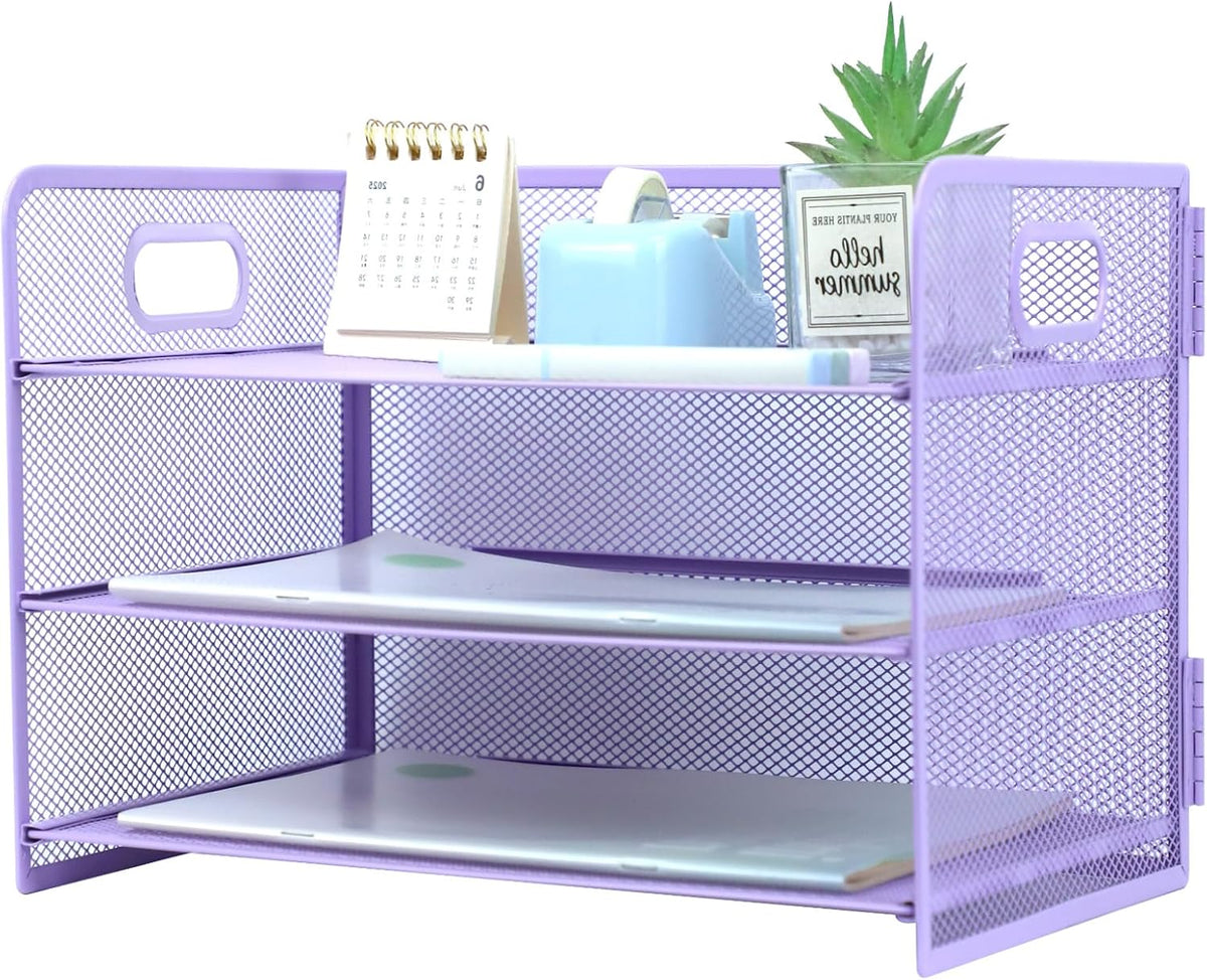 3 Tier Lettrer Tray Organizer with Handle, Metal Mesh Desk File Organizer with Sliding Trays, Paper Sorter Desk for Home Office School, Blue