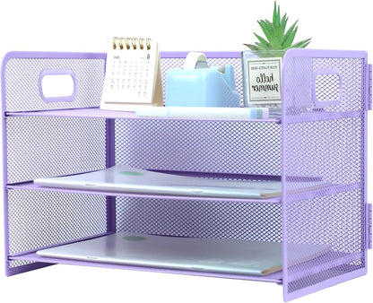 3 Tier Lettrer Tray Organizer with Handle, Metal Mesh Desk File Organizer with Sliding Trays, Paper Sorter Desk for Home Office School, Blue