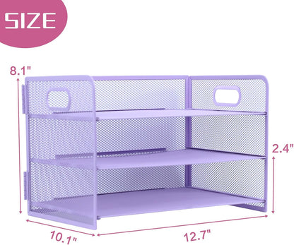 3 Tier Lettrer Tray Organizer with Handle, Metal Mesh Desk File Organizer with Sliding Trays, Paper Sorter Desk for Home Office School, Blue