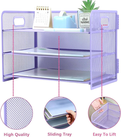 3 Tier Lettrer Tray Organizer with Handle, Metal Mesh Desk File Organizer with Sliding Trays, Paper Sorter Desk for Home Office School, Blue
