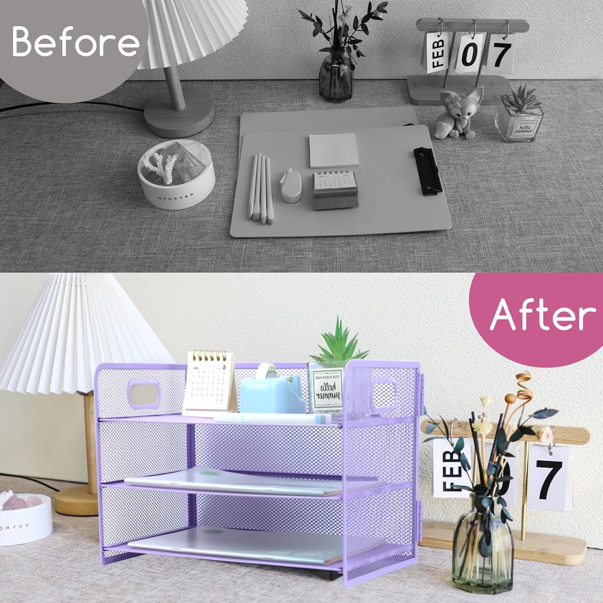 3 Tier Lettrer Tray Organizer with Handle, Metal Mesh Desk File Organizer with Sliding Trays, Paper Sorter Desk for Home Office School, Blue