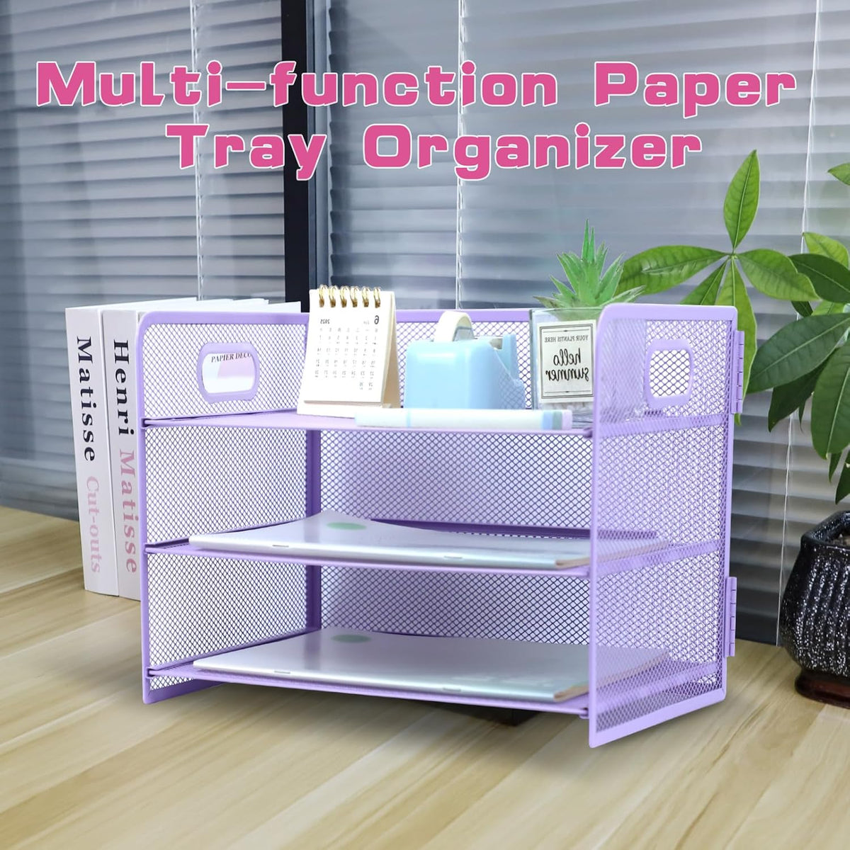 3 Tier Lettrer Tray Organizer with Handle, Metal Mesh Desk File Organizer with Sliding Trays, Paper Sorter Desk for Home Office School, Blue